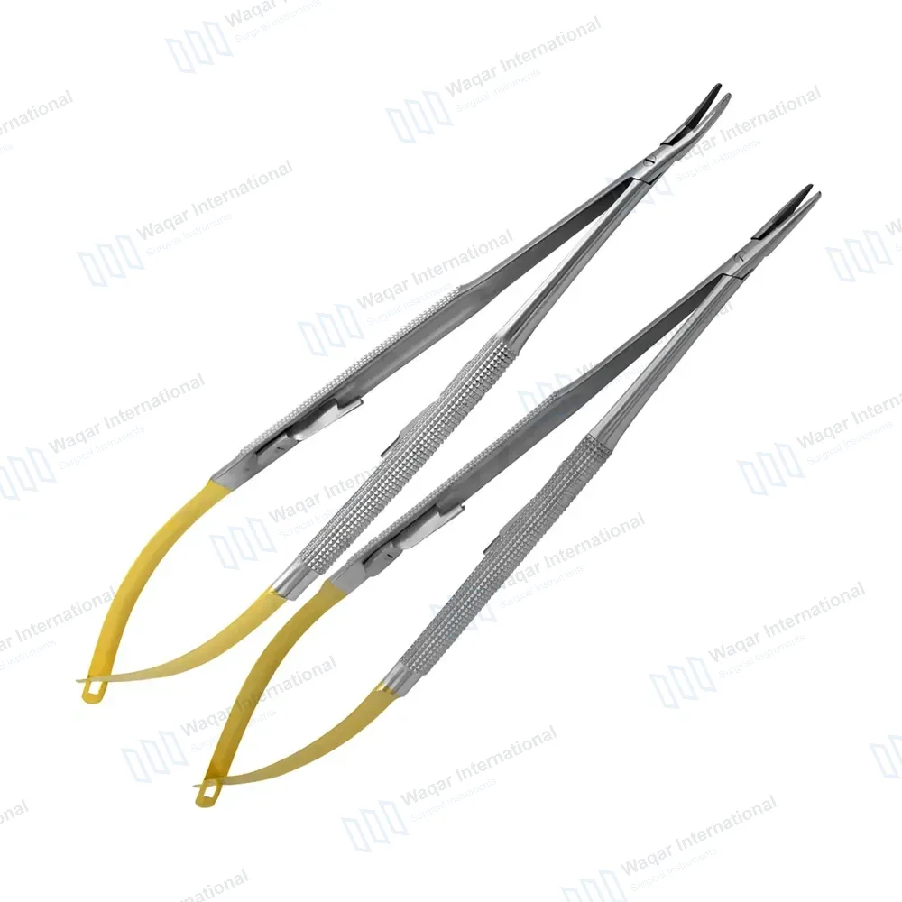 2 Pcs T/C Castroviejo Needle Holder 5.5″ Straight & Curved Serrated