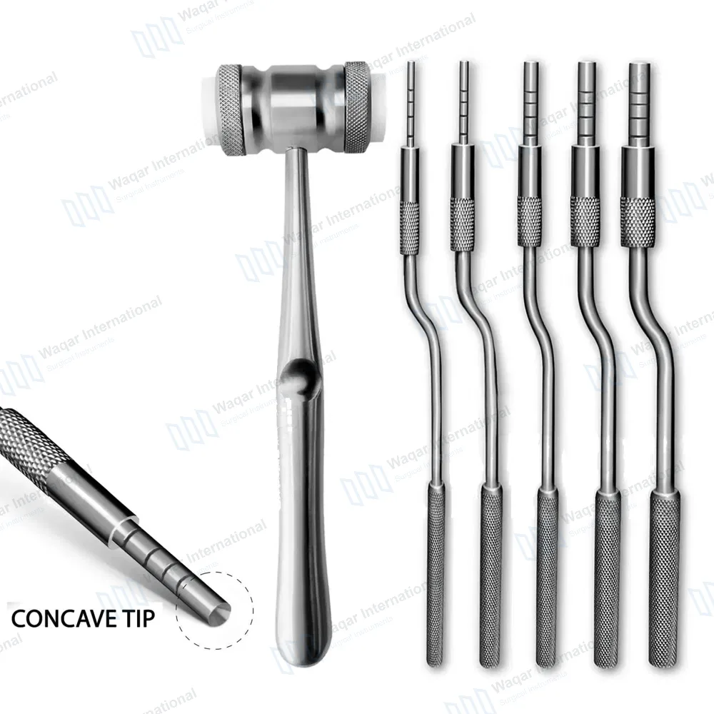 6 Pcs Angled Sinus Osteotomes Concave Tips with Mead Mallet Set