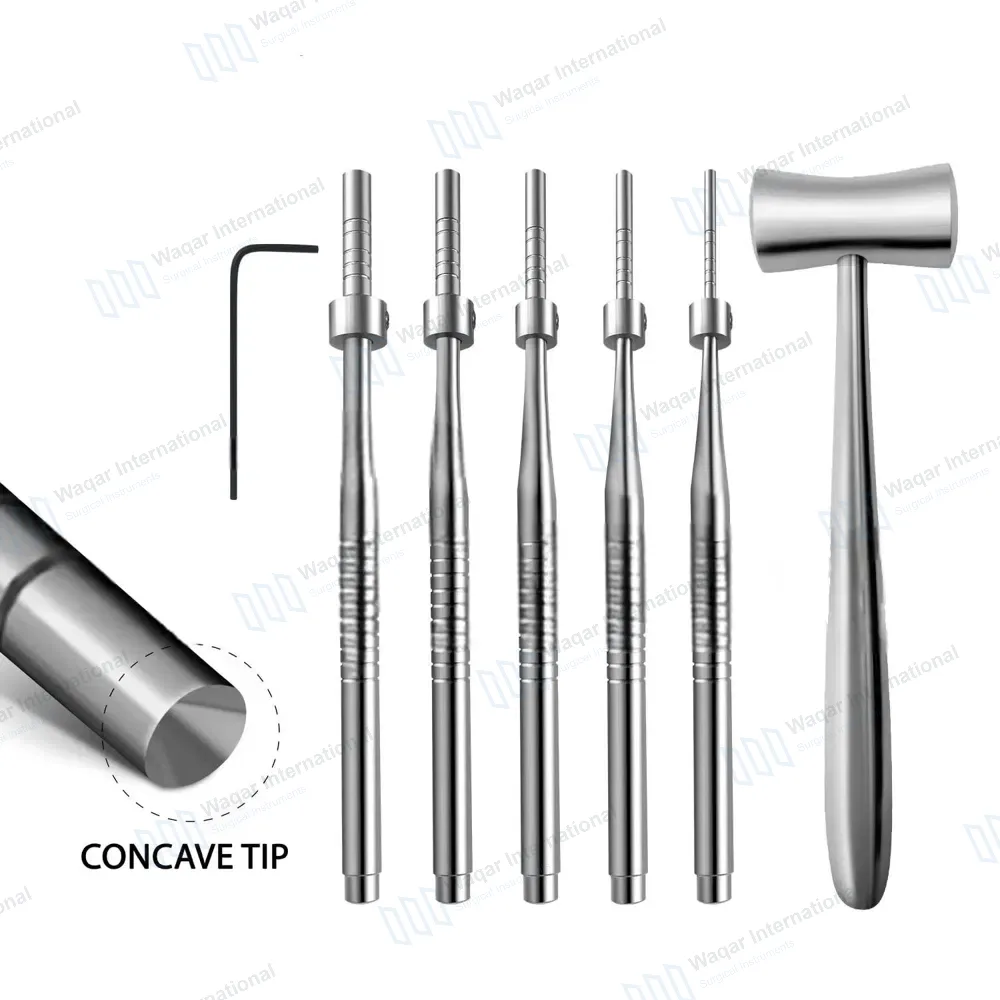 6 Pcs Sinus Lift Osteotomes & Lucae Mallet Set Straight with L-Key Adj Stops Concave