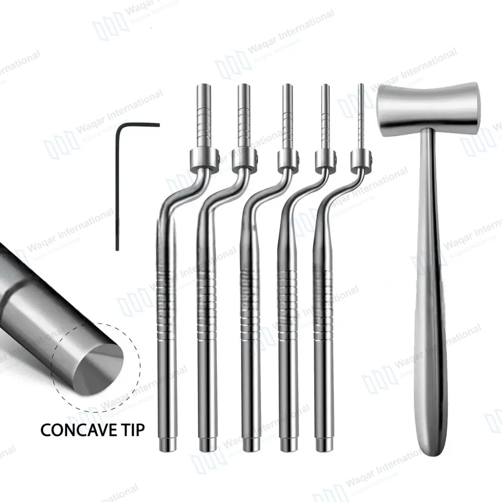 6 Pcs Sinus Lift Osteotomes & Lucae Mallet Set Angled with L-Key Adj Stops Concave