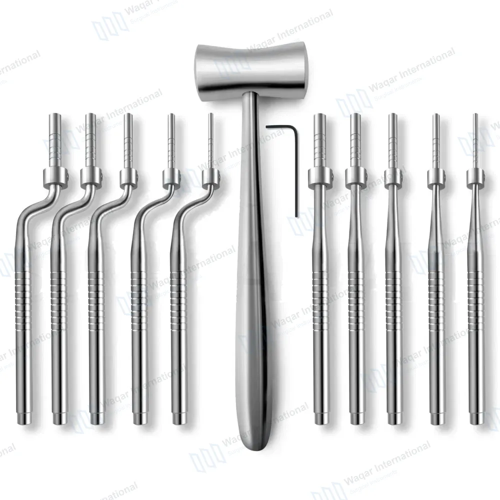 11 Pcs Sinus Osteotomes with Lucae Mallet Set Straight & Angled with L-Key Stops