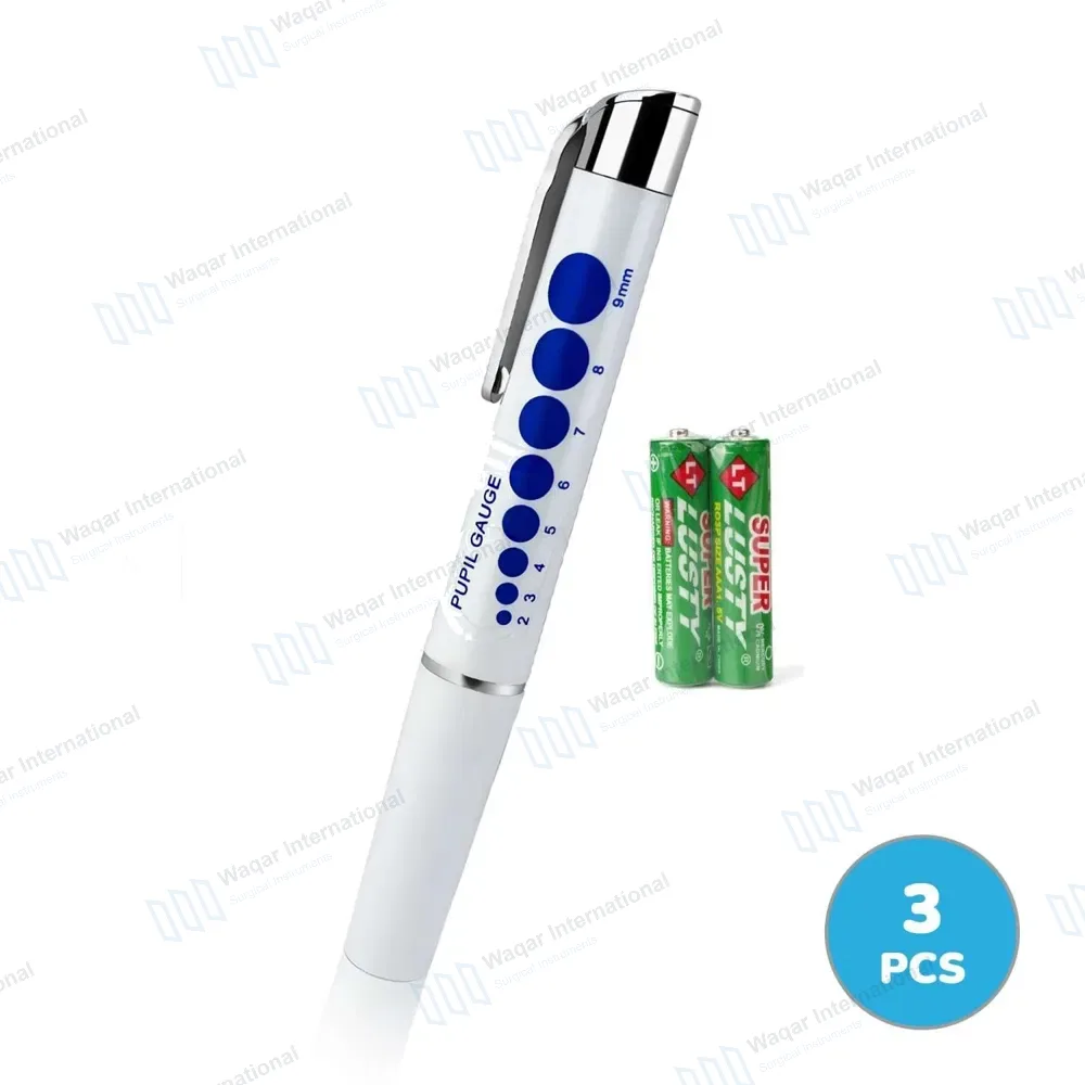 3 LED Medical Diagnostic Reusable Penlight with Pupil Gauge + AAA Batteries – White