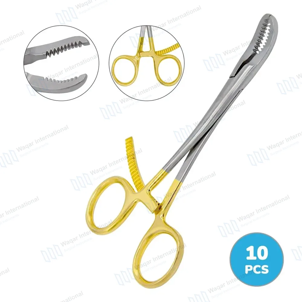 10 Bone Reduction Forceps 5½” Curved Serrated Jaws – Gold Handle