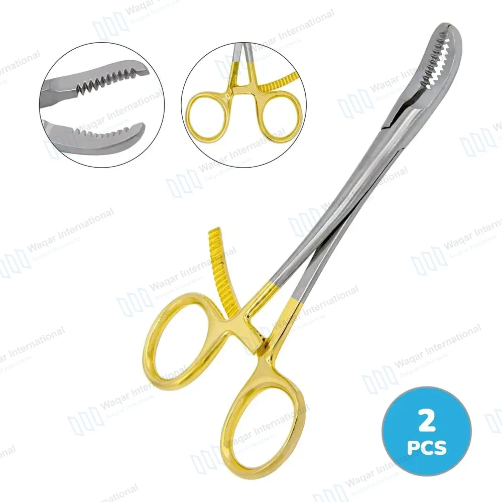 2 Bone Reduction Forceps 5½” Curved Deep Serrated Jaws – Gold Handle