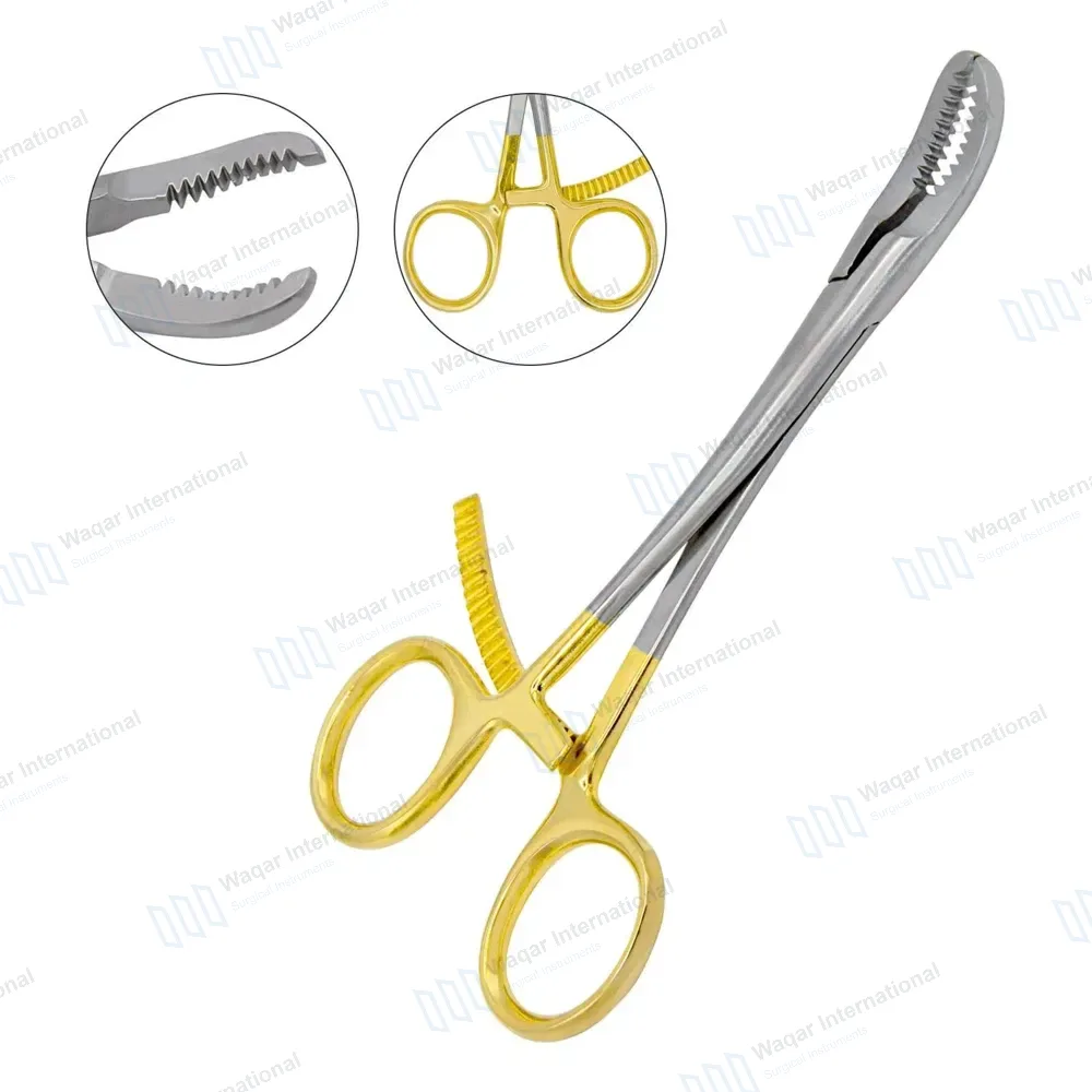 Bone Reduction Forceps 5½” Curved Deep Serrated Jaws – Gold Handle