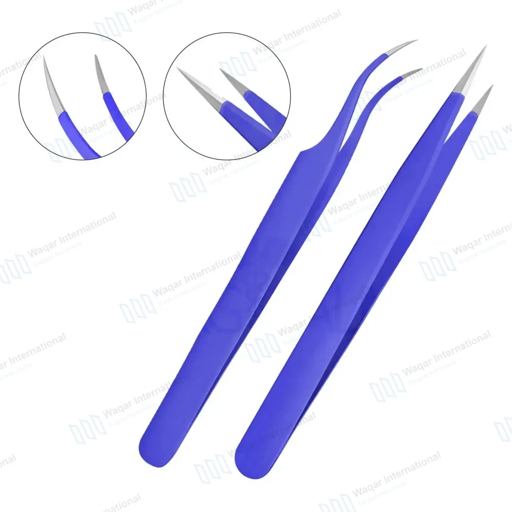 2 Pcs Eyelash Extension Tweezers Set Straight & Curved Pointed Tips – Purple