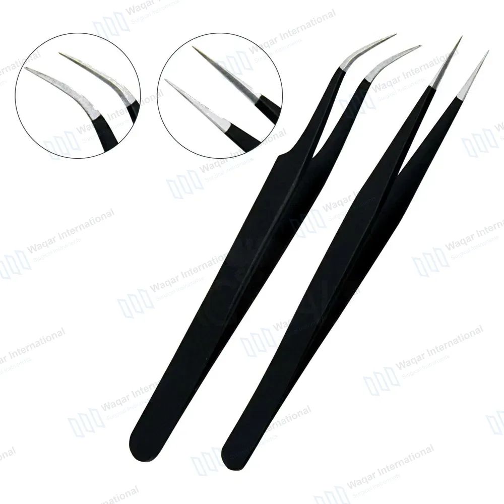 2 Pcs Eyelash Extension Tweezers Set Straight & Curved Pointed Tips – Black