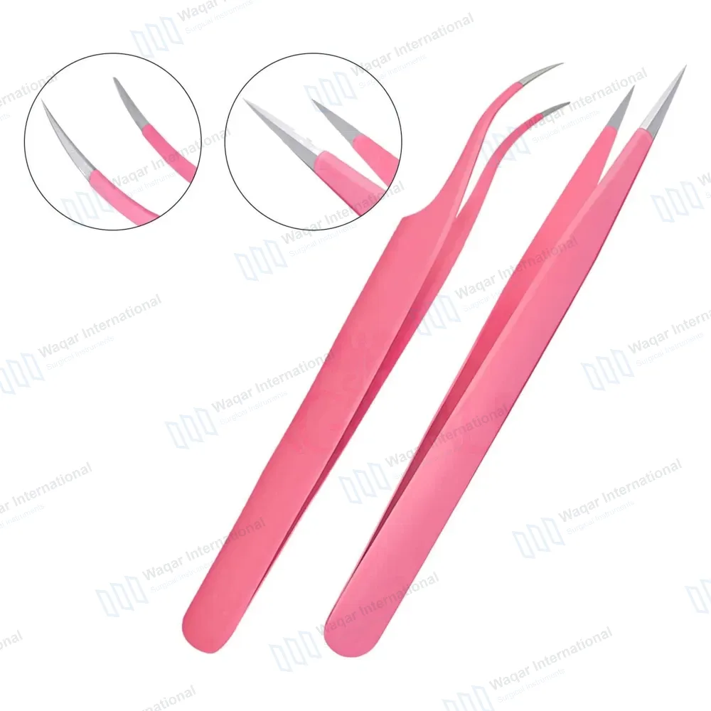 2 Pcs Eyelash Extension Tweezers Set Straight & Curved Pointed Tips – Pink