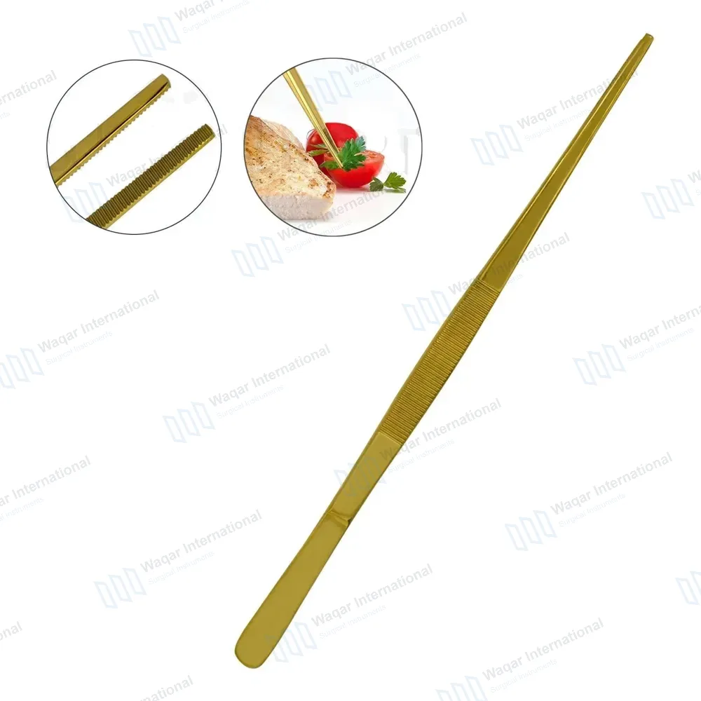 Kitchen Cooking Tongs 12″ Straight Tip BBQ Grill Tweezers – Gold
