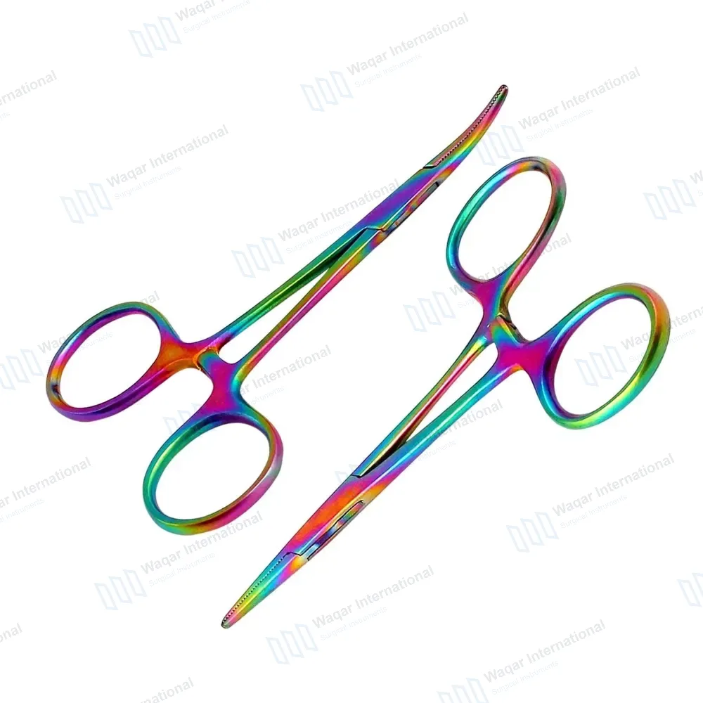 Multi Rainbow Color Mosquito Forceps Set 5″ Straight+Curved
