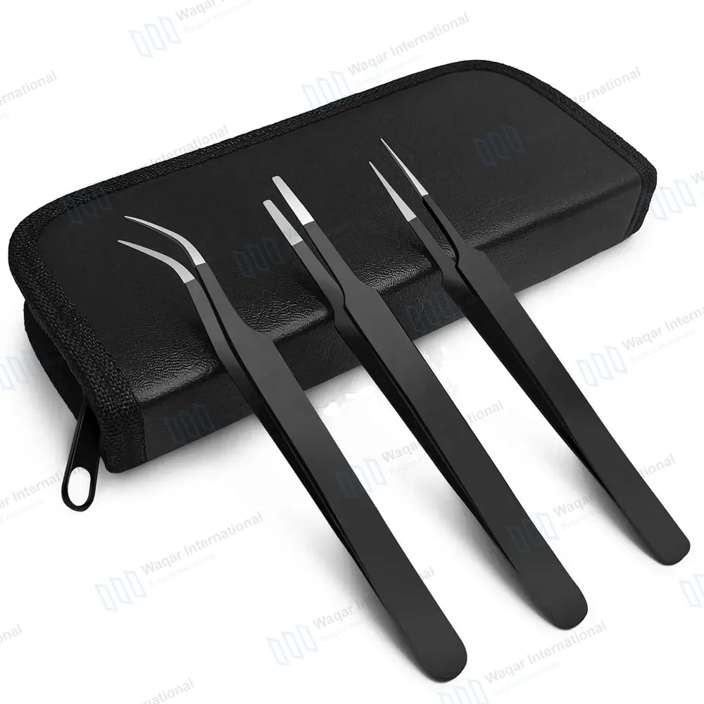 3 Pcs Precision Eyelash Tweezers Set with Carrying Case – Black