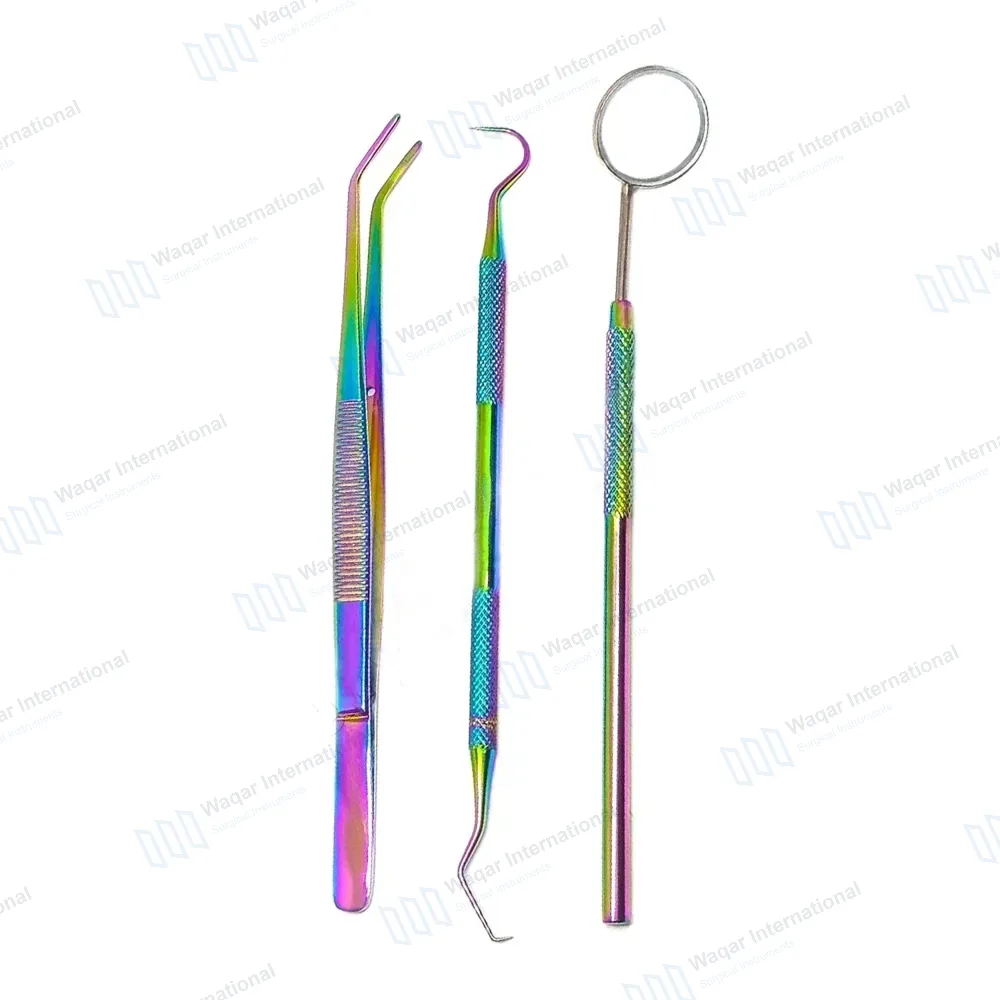 3 Basic Dental Instrument Set Mirror Explorer College Plier Rainbow Color