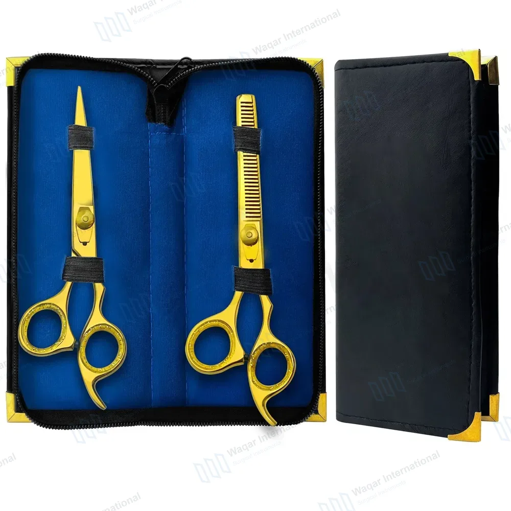 2 Pcs Barber Hair Cutting & Thinning Shears 6.5″ Gold Set with Case
