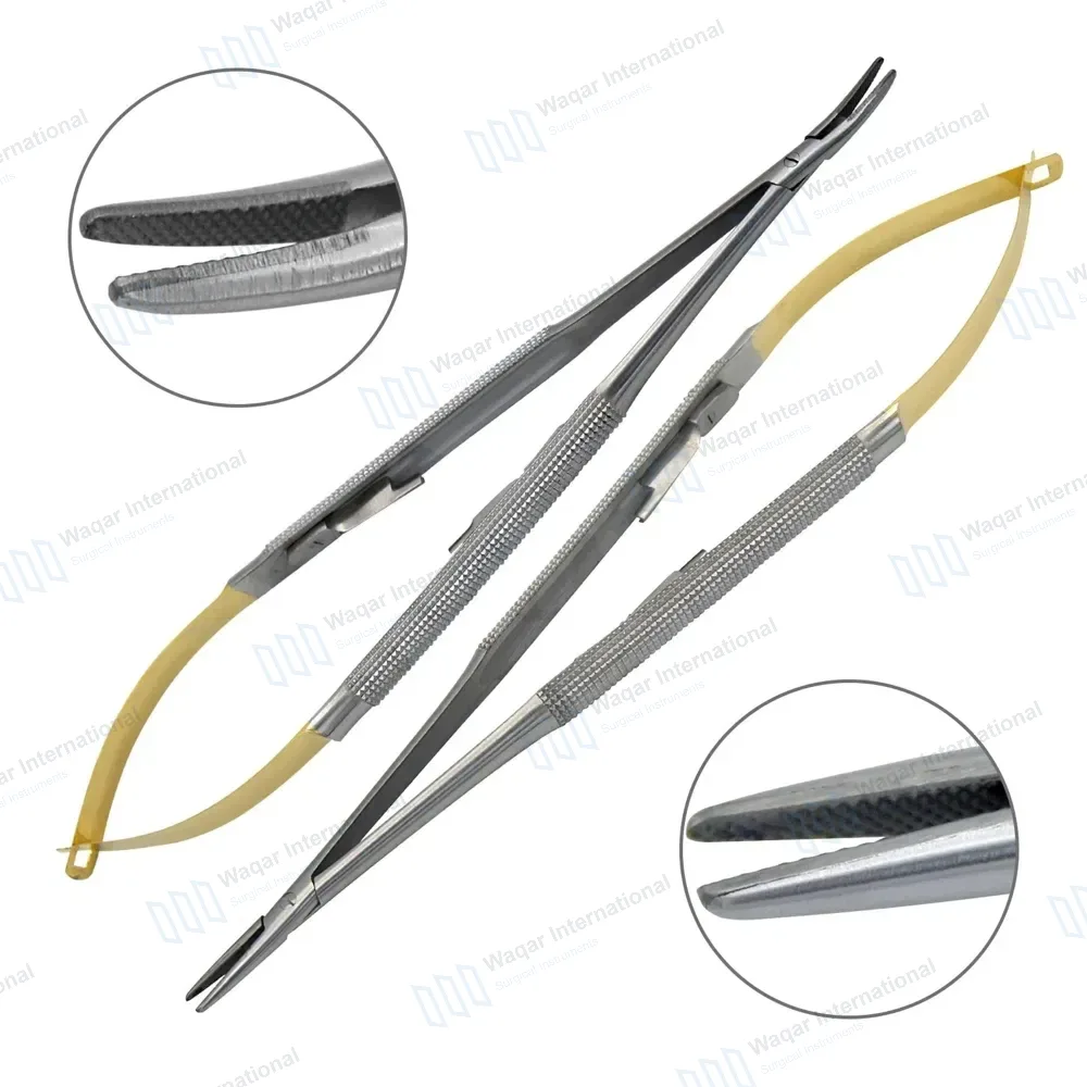 2 Pcs TC Castroviejo Needle Holders Set 7″ Straight & Curved