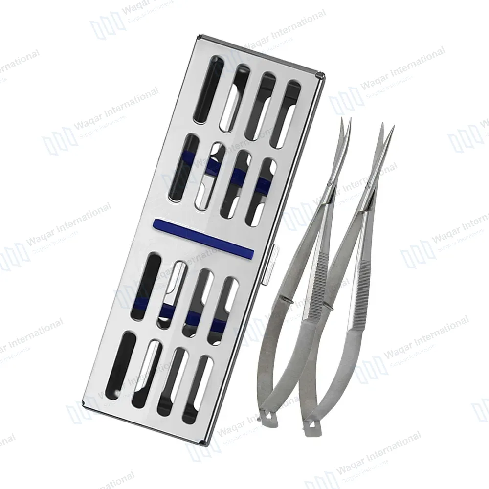 3 Castroviejo Micro Scissors Curved+Straight Tip 4.5″ W/Sterilization Cassette